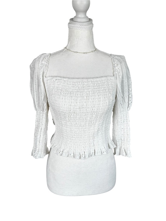 Lost In Lunar Tops - Smocked Square-Neck Eyelet Puff Sleeve Blouse — White